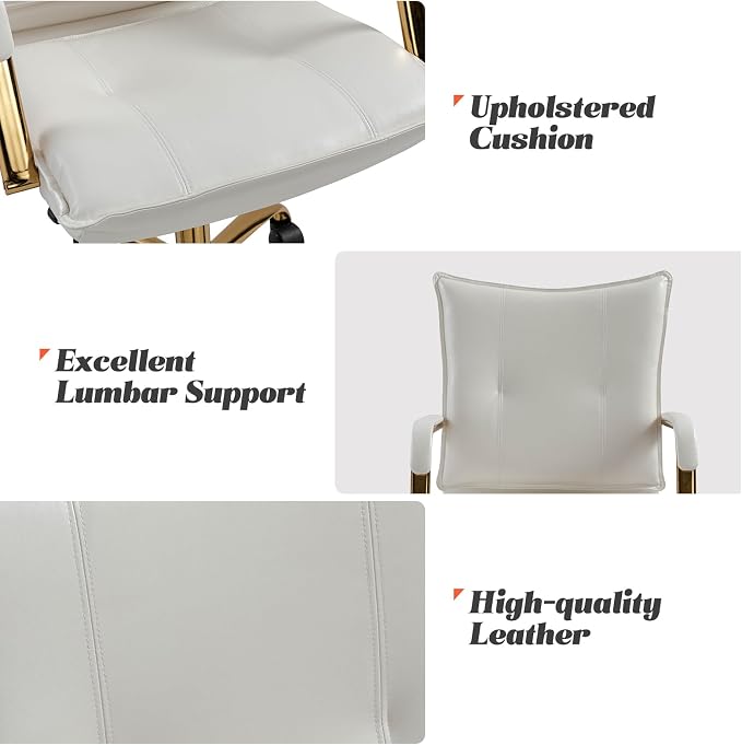 HULALA HOME Faux Leather Home Office Desk Chair, Adjustable Swivel Computer Chair with Golden Legs and Arms, Comfy Upholstered Task Chair, White