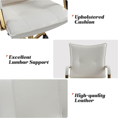 HULALA HOME Faux Leather Home Office Desk Chair, Adjustable Swivel Computer Chair with Golden Legs and Arms, Comfy Upholstered Task Chair, White