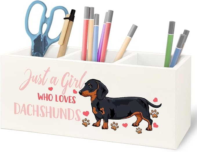 Dachshund Lover Gifts for Women Girls Wooden Pen Pencil Holder for Office Desk Accessories, Just a Girl Who Loves Dachshund Makeup Brush Toothbrush Holder Organizer for Bathroom