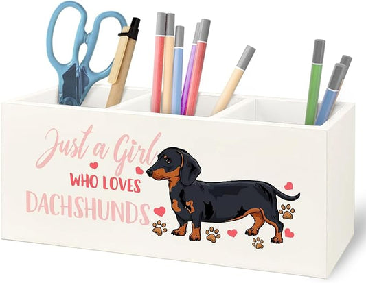 Dachshund Lover Gifts for Women Girls Wooden Pen Pencil Holder for Office Desk Accessories, Just a Girl Who Loves Dachshund Makeup Brush Toothbrush Holder Organizer for Bathroom