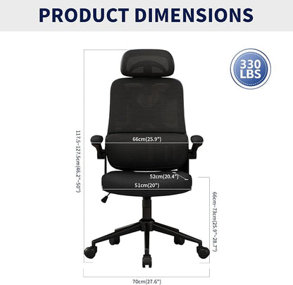 Ergonomic Office Chair - Desk Chair with Adjustable Headrest Lumbar Support Computer Chair - Mesh Comfy Chair with Flip-up Armrests - Gaming Chairs for Adults Home Office (Black+Black)