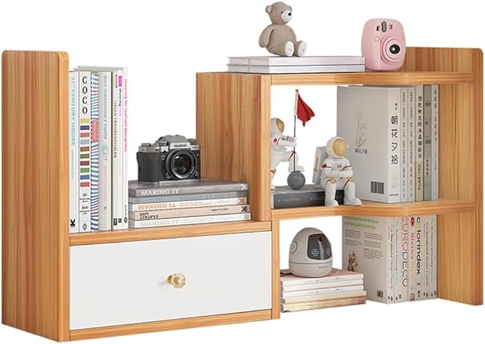 WWEENUO Expandable Desktop Bookshelf, Freestyle Adjustable Display Desk Shelf Counter Storage Rack Top Bookcase for Office & Home (Cherry Wood)