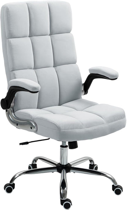 ECOTOUGE Executive Office Chair, Velvet Ergonomic Comfy Desk Chair, High Back Computer Chair with Adjustable Tilt Angle and Flip-up Arms (Grey, Without Footrest)