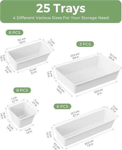 BiuLeon 25 PCS Plastic Drawer Organizers Set, 4-Sizes Vanity and Makeup Organizer, Desk and bathroom Drawer Organizer Trays, Organizers and Storage for Makeup, Jewelry, Gadgets, Utensils (White)
