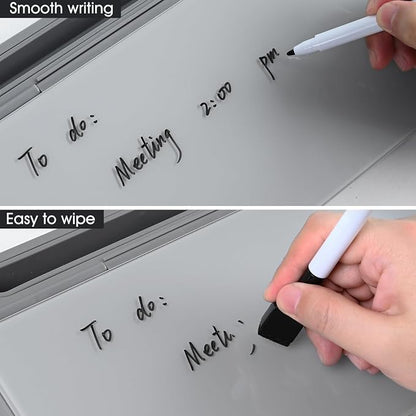 Varhomax Glass Desk Whiteboard Gray with Calculator, Desktop Organizer Dry Erase White Board with Storage, to Do List Memo Notepad for Home Office and School Supplies