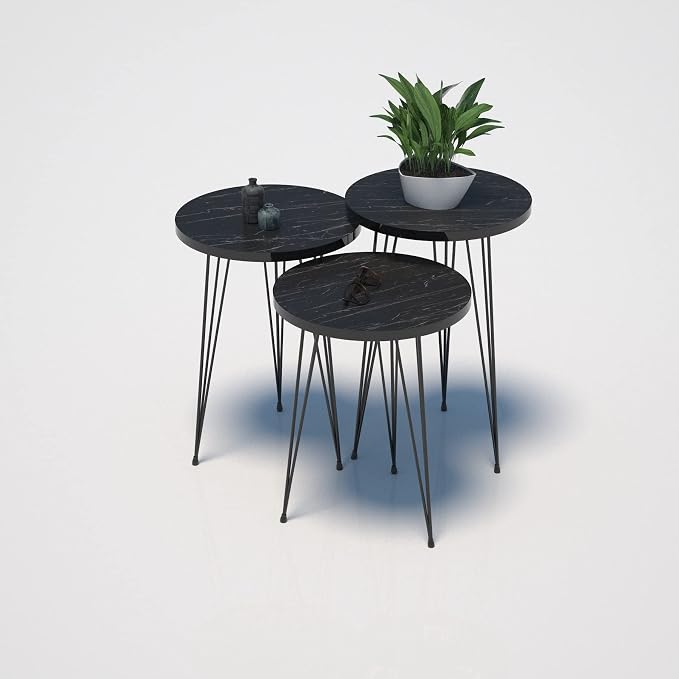 Set of 3 Nesting End Tables Round Wood Stacking Coffee Side Accent Sofa Table with Metal Legs for Living Room, Home Office, Nightstands for Bedroom (Black Marble)