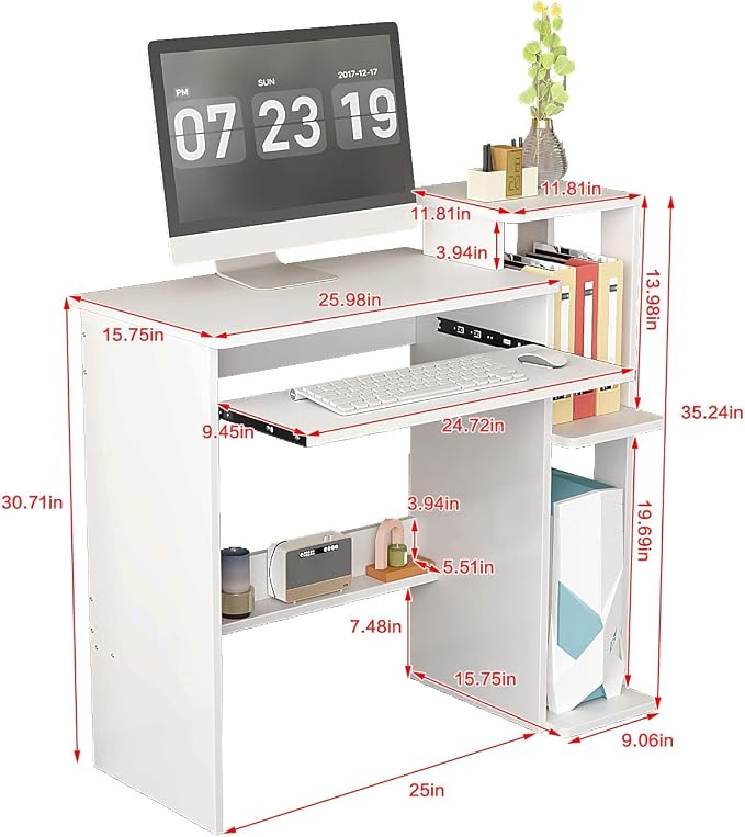 35" Compact Computer Desk with 3-Tier Storage Shelves & Keyboard Tray – Small Study Table for Bedroom or Home Office (White)