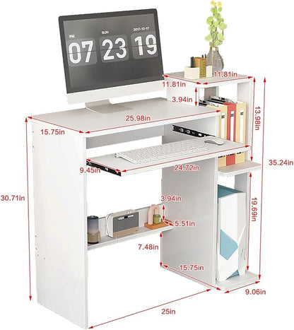 35" Compact Computer Desk with 3-Tier Storage Shelves & Keyboard Tray – Small Study Table for Bedroom or Home Office (White)
