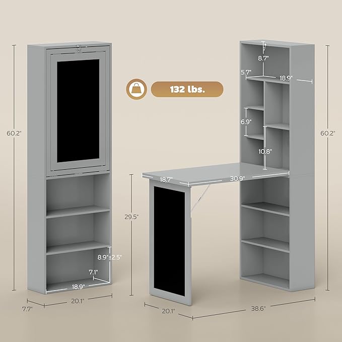 Foldable Wall Mounted Desk with Storage Shelves, Fold Out Convertible Computer Table with Blackboard, Folding Writing Table Workstation for Small Spaces,Home Office (Grey)