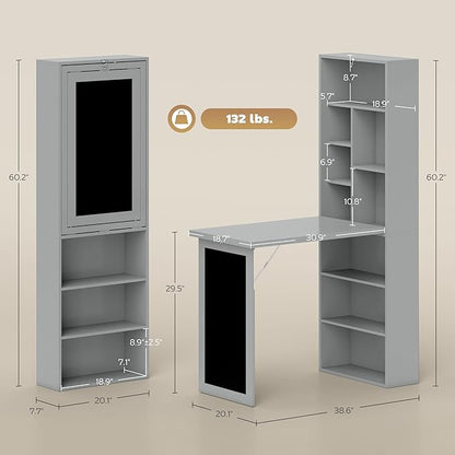 Foldable Wall Mounted Desk with Storage Shelves, Fold Out Convertible Computer Table with Blackboard, Folding Writing Table Workstation for Small Spaces,Home Office (Grey)