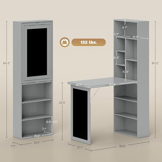 Foldable Wall Mounted Desk with Storage Shelves, Fold Out Convertible Computer Table with Blackboard, Folding Writing Table Workstation for Small Spaces,Home Office (Grey)