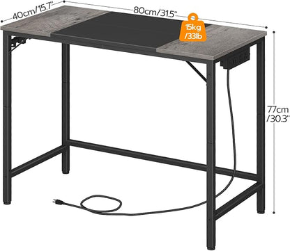 HOOBRO Computer Desk, Home Office Desk with Power Outlet, Modern Study Writing Desk with 3 Hooks for Study Room, Home Office, Sturdy and Stable, Easy to Assemble, Charcoal Gray and Black BC40UDN01