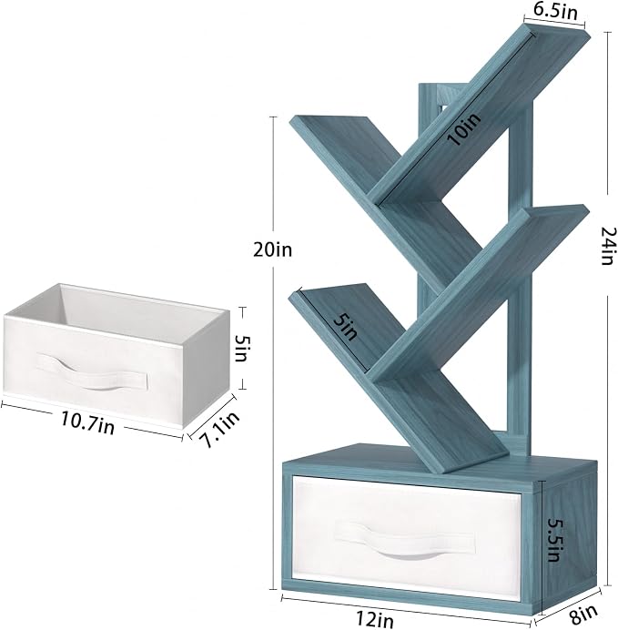 SHEEPAM Small Book Shelf with Drawer,4 Tier Black Tree Bookshelf,Blue Desktop Bookcase,Modern Desk Display Storage Bookshelves,Floor Standing Organizer Bookcases for Living Room,Bedroom,Office
