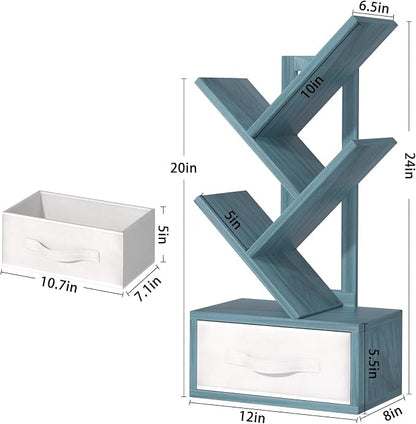 SHEEPAM Small Book Shelf with Drawer,4 Tier Black Tree Bookshelf,Blue Desktop Bookcase,Modern Desk Display Storage Bookshelves,Floor Standing Organizer Bookcases for Living Room,Bedroom,Office