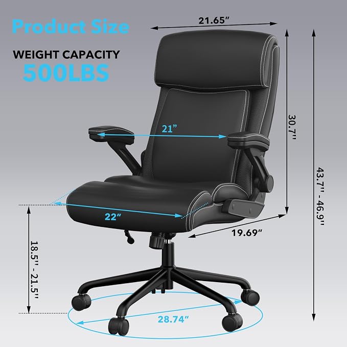 ralex-chair 2Pack Executive Office Chair, Big and Tall, 500lbs Capacity, Ergonomic, High Back, Leather, Flip-up Armrests, Adjustable Height