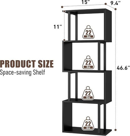 Gadroad 4-Tier Bookshelf, Narrow S-Shaped Geometric Bookcase, Wood Decorative Storage Shelving, Modern Freestanding Display Shelves, Book Shelf Unit for Living Room Bedroom Home Office, Black