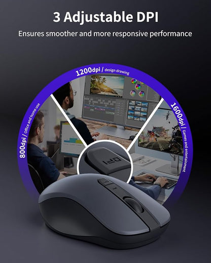 WL300 Bluetooth Mouse Silent Wireless Mice, Quiet Click, Cordless Computer Mouse with 6 Buttons, Sculpted Grip, Adjustable DPI for Laptop, PC, Mac, 18-Month Battery Life for Work or Travel ( Grey)