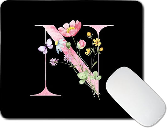 Mouse Pad Pinks Flowers Initial Letters Mousepad Desktop Laptop Computer Accessories Home Office Gaming Work Desk Computer Non-Slip Rubber Monogram Floral Alphabet A-Z mousepad (N)