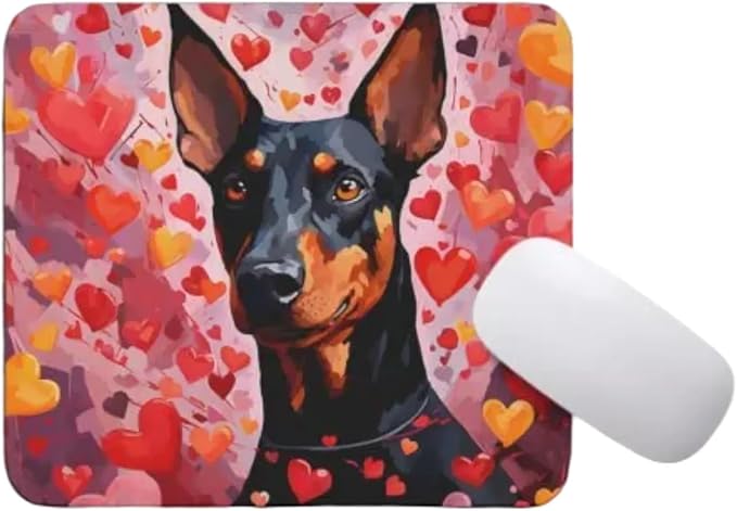 Doberman Pinscher Mouse Pad Dog with Red Hearts Pattern Non-Slip Rubber Mouse Pad Puppy in Love Mouse Pad for Home Office Work Desk Computer Desktop Laptop for Dog Lovers