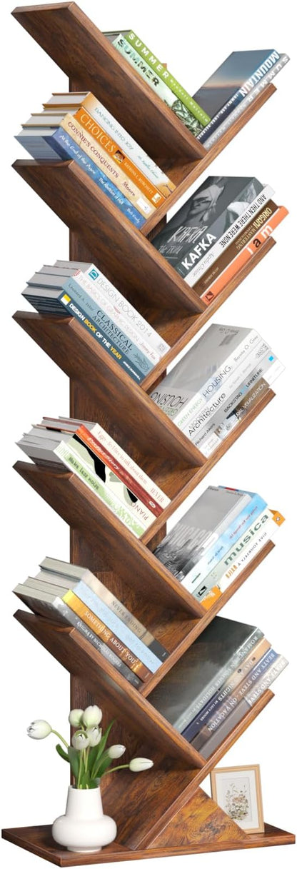 SHEEPAM 10 Tier Tree Book Shelf, Floor Standing Wood Bookshelf for Narrow Space, Storage Organizer Bookshelves for Books/CDs/Magazine, Bookcase with Shelves for Home Office, Living Room - Brown