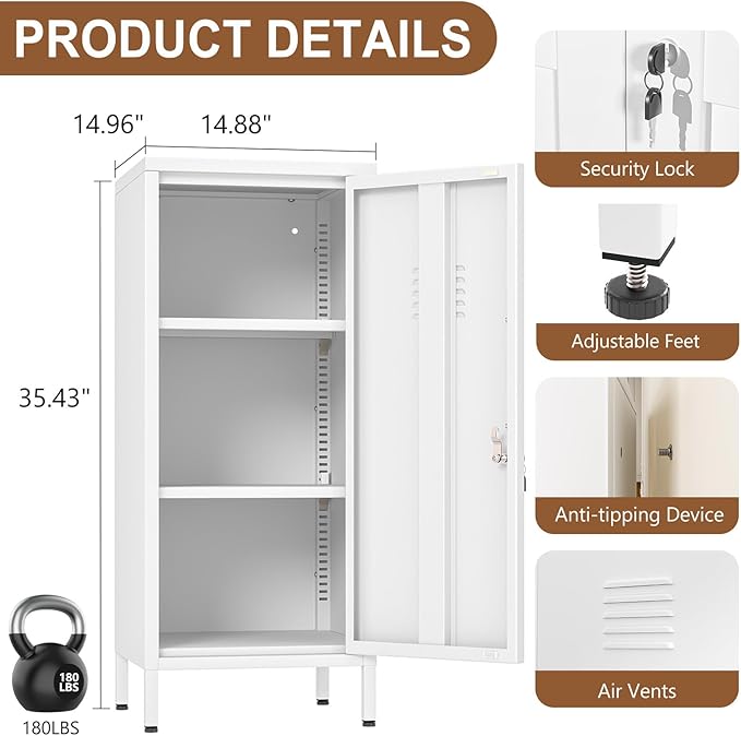 pozdeg 35.43" Metal Storage Locker with Lockable, Metal Steel Locker for Employees with 1 Door ＆ 2 Adjustable Shelves, Small Locker Storage Cabinets for Home, School, Office, Gym (White)