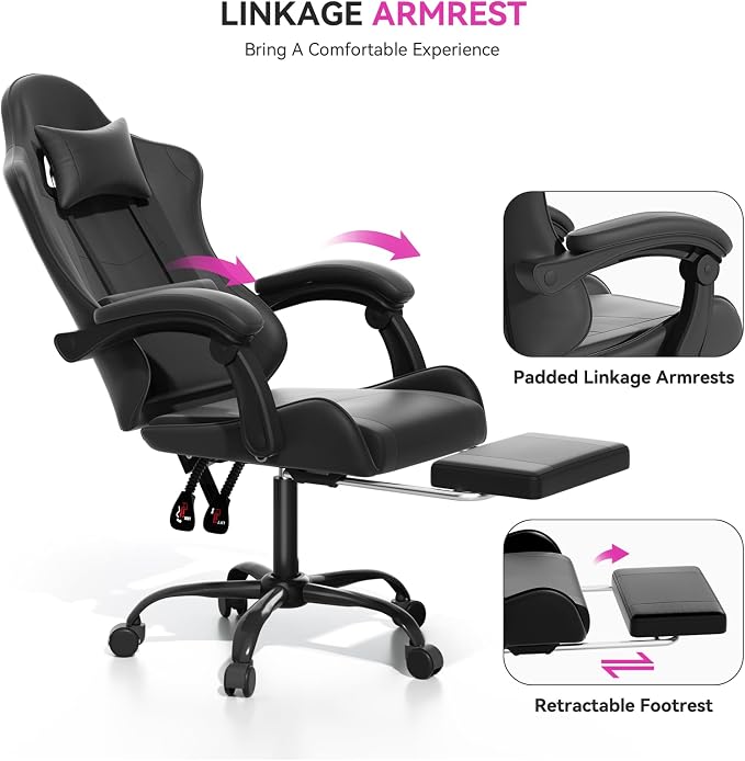 Gaming Chair with Footrest, Ergonomic Computer Gaming Desk Chair with Lumbar Support & Headrest, Adjustable High Back PU Leather Office Chair, Swivel Racing Style Gamer Chair, Black