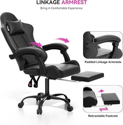 Gaming Chair with Footrest, Ergonomic Computer Gaming Desk Chair with Lumbar Support & Headrest, Adjustable High Back PU Leather Office Chair, Swivel Racing Style Gamer Chair, Black