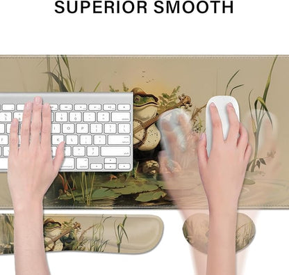 Desk Pad and Keyboard Wrist Rest, Large Mouse Pad + Keyboard Pad+Mouse Wrist Support, Non-Slip Desk Mat Protector for Office, Home 31.5×11.8 Inches Anime Frog