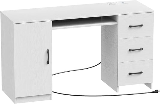 53 Inch Large Computer Desk, Office Desk with Power Outlets & USB Charging Port, Study Writing Table with Three Storage Drawers and one wooden Door, Laptop PC Desk for Bedroom, Study Room, Office