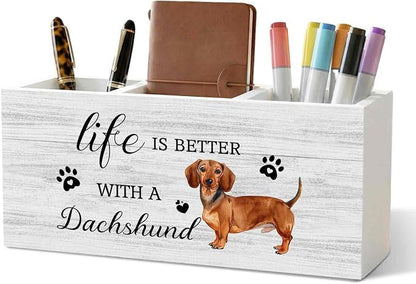 Dachshund Dog Pencil Pen Holder for Desk Organizer, Dachshund Gifts for Women Men, Weiner Dog Gifts Wooden Box Decorations for Home Bedroom Office Desk Tabletop Decor