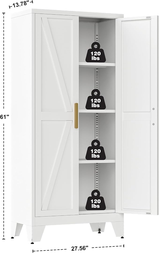 QINPTWUT 61" Metal Storage Cabinet, 4-Tier Kitchen Pantry with 3 Adjustable Shelves, Farmhouse Design Freestanding Cupboard for Kitchen, Bathroom, Laundry, Garage, White