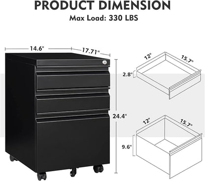 MIIIKO 3 Drawer File Cabinet, Metal Filing Cabinet with Lock Rolling Wheels, Office Storage Under Desk,Deep Drawers for Hanging Legal Letter Fill, Full Assembled Except Casters