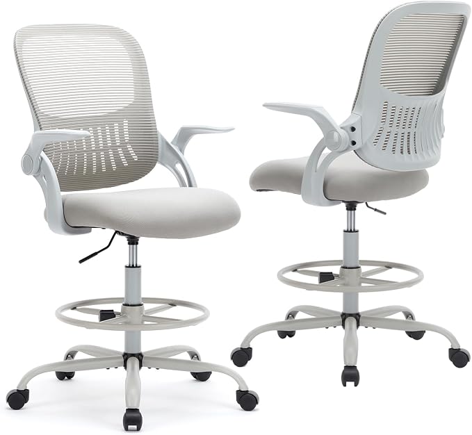 DUMOS Drafting Chair for Standing Desk, Flip-up Arms, Counter Height Adjustable, Ergonomic Mid Back Mesh Rolling Work 360°Swivel Home Office Computer Chairs with Wheels, Grey