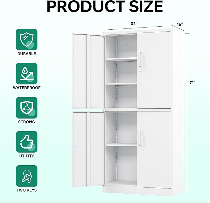 Letaya Metal Storage Cabinet with Lock Door, Adjustable Shelf Steel Cabinets for Office, Home,Pantry,Kitchen,Garage Utility Cabinet (4 Door-White)