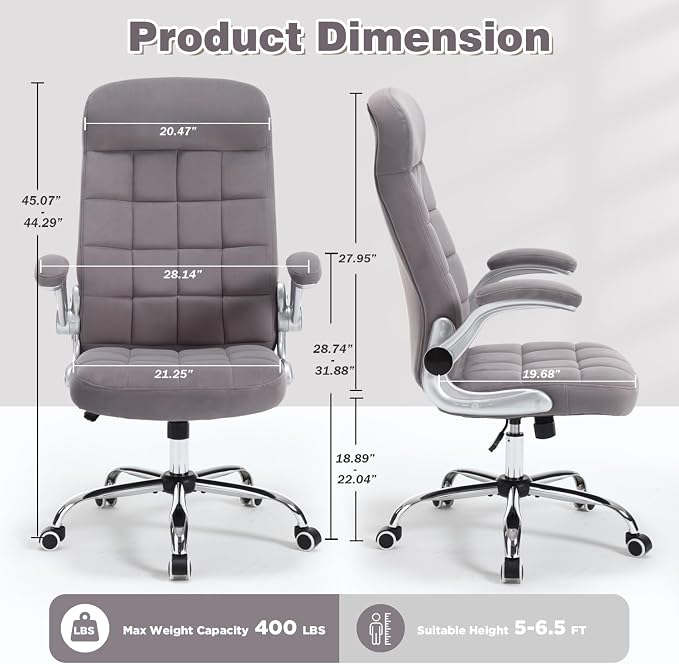 High Back Fabric Office Chair, Comfy Velvet Executive Desk Chair with Flip-Up Arms, Ergonomic Office Desk Chair with Lumbar Support, Upholstered Home Computer Chair with Wheels (Grey)