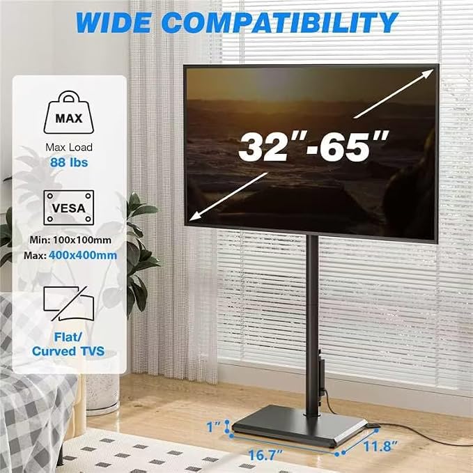 Rfiver Swivel Floor TV Stand with Power Outlet for 32-65 inch TVs, Height Adjustable Tall TV Stand with Wood Base, Hold Up to 88lbs, Saving Space Design for Bedroom, Living Room and Corner