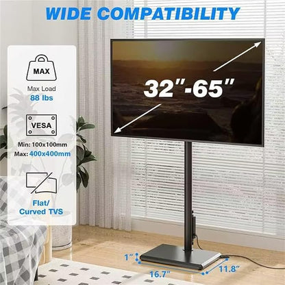 Rfiver Swivel Floor TV Stand with Power Outlet for 32-65 inch TVs, Height Adjustable Tall TV Stand with Wood Base, Hold Up to 88lbs, Saving Space Design for Bedroom, Living Room and Corner