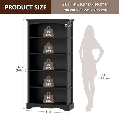 TVU 5-Tier Wooden Bookshelf, 31.5" W x 65" H ×9.9" D Bookshelf with Storage, Floor Standing Modern Style Display Bookcase for Living Room, Office, Study Room, Entryway, Black