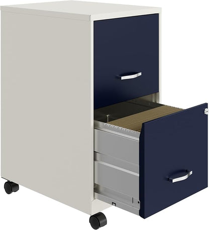 Space Solutions - 2 Drawer Fully Assembled Vertical Steel File Cabinet, Home & Small Office Use, Fits Under Most Desks, Letter-Size, Lock, Mobile, Pearl White/Navy