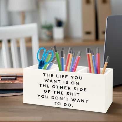 Inspirational Gifts Wooden Pen Pencil Holder for Office Desk Accessories, Motivational Gifts for Women, Inspirational Quote Makeup Brush Toothbrush Holder Organizer