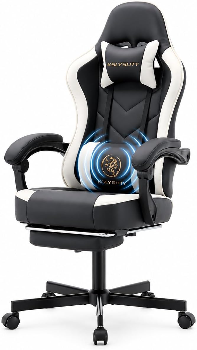 Office Desk Computer Gaming Chair for Adults, Ergonomic High Back Gamer Chair with Massage and Pocket Spring Cushion, Swivel Comfy Video Game Chairs with Footrest and Lumbar Support (Black White)
