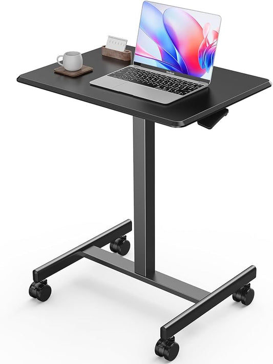 Sweetcrispy Mobile Rolling Desk with Lockable Wheels, Small Standing Laptop Desks, Sit Stand Adjustable Height Table Portable, Computer Workstations for Home Office, Black