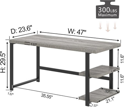 FOLUBAN 47 Inch Home Office Desk, Modern Computer Desk with Storage Shelves, Small Study Writing Gaming Table Workstation for Living Room Bedroom, Industrial Light Grey