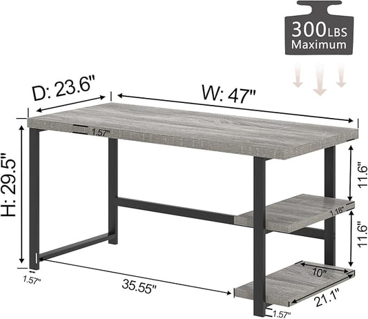 FOLUBAN 47 Inch Home Office Desk, Modern Computer Desk with Storage Shelves, Small Study Writing Gaming Table Workstation for Living Room Bedroom, Industrial Light Grey