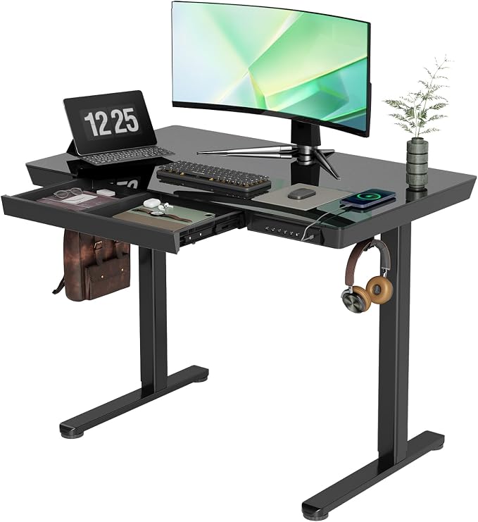 Claiks Glass Standing Desk with Drawers, 40 Inch Adjustable Stand Up Desk, Quick Install Home Office Computer Desk with USB Ports, Black