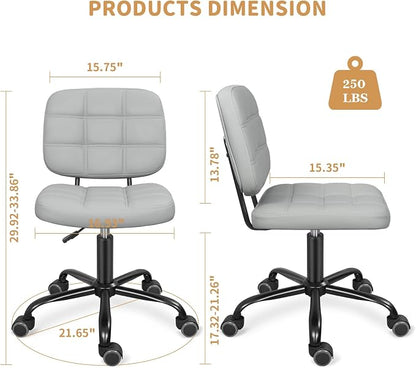 ERGOSEAT Armless Office Chair with Wheels, Small Desk Drafting Chair for Small Space, PU Leather Computer Task Chair, Height Adjustable Rolling Chair, Compact Chair for Home Office, Dorm, Light Grey