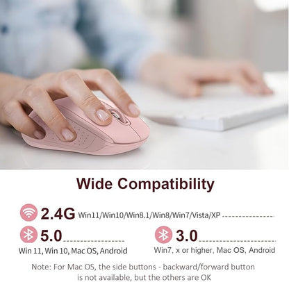 TECKNET Bluetooth Mouse (BT 5.0/3.0+2.4Ghz), 6-Level 4000 DPI Wireless Mice for Laptop, 2-in-1 Ergonomic Computer Portable PC Mouse, Silent Mouse with USB Receiver for Windows/Mac/PC/Notebook-Pink