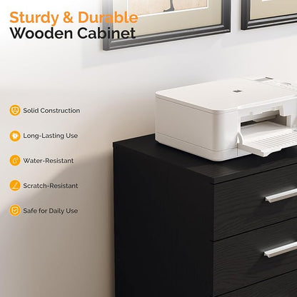 VINGLI 3 Drawer Wood Lateral File Cabinet with Adjustable Shelves & Locking Wheels, Printer Stand with Drawers for Letter Size Files, Sturdy Black File Cabinets for Home Office, Study & Business