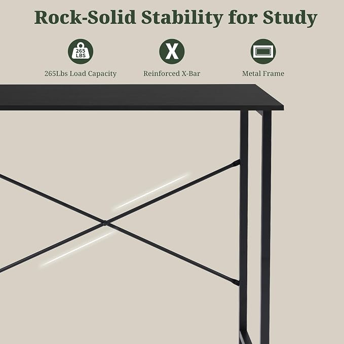 Computer Desk 32 Inch, Simple Home Office Desk Study Writing Table, Sturdy Metal Frame, Scratch-Resistant MDF Desktop for Bedroom Dorm Workspace Small Space, Black