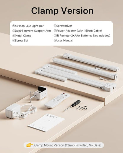 ONEMIX 42" LED Desk Lamp with Clamp, Architect Desk Light with Remote, Adjustable 4-Segment Bar, 1800LM Bright, Eye-Caring Desk Lamp for Home Office, Reading, Study, Dual Monitors, Workbench (White)